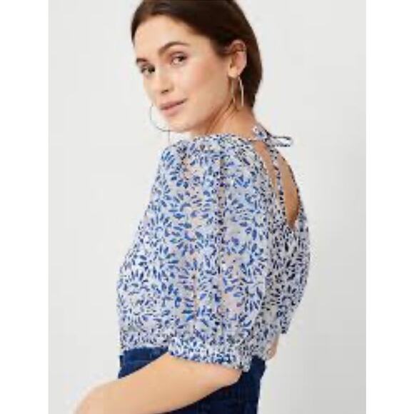 Ann Taylor Tie Back Puff Sleeve Short sleeve top blouse sx LG NWT - Picture 1 of 12